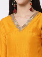 Thumbnail for Myshka Yellow Printed Silk Blend 3/4 Sleeve V Neck Casual Kurta Dupatta Set