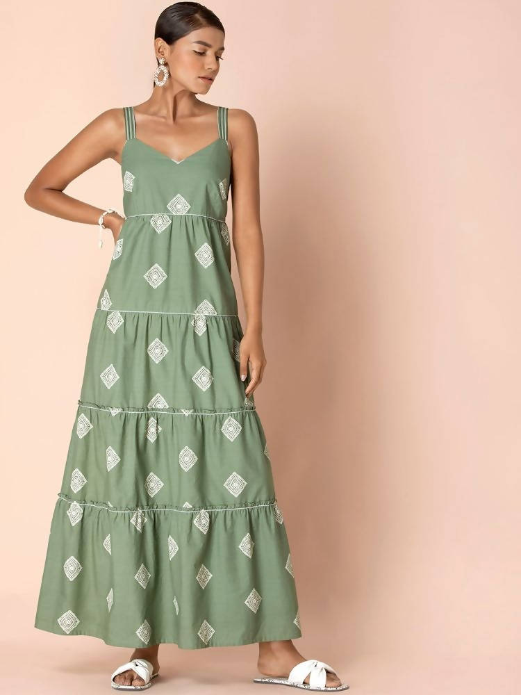 Indya Green Tribal Tiered Maxi Dress - Distacart