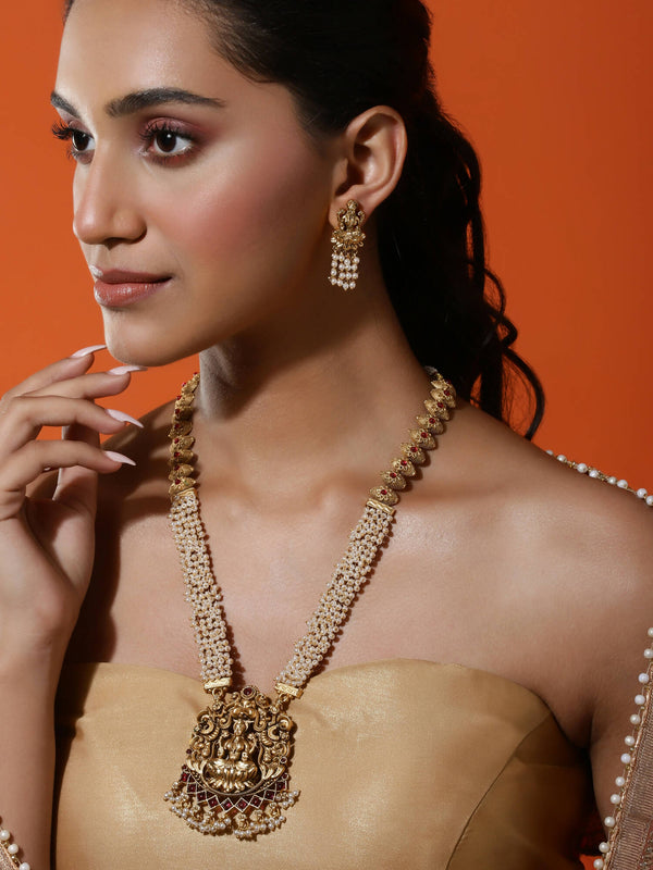 Gold-Plated Pink White Stones-Studded Beaded Jewellery Set - Ruby Raang - Distacart