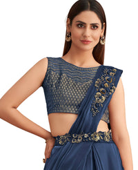 Thumbnail for Navy Blue Satin Embroidered Ready To Wear Saree With Unstitched Blouse Piece - Nandika - Distacart