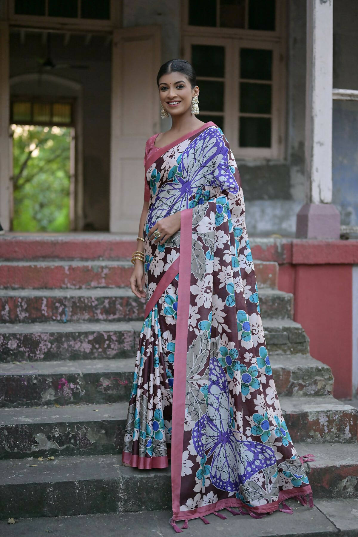Vishnu Weaves Women's Coffee Cotton Silk Printed Saree with Blouse - Distacart