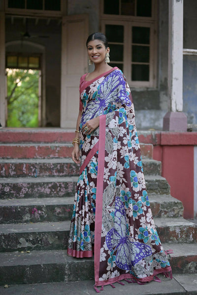 Vishnu Weaves Women's Coffee Cotton Silk Printed Saree with Blouse - Distacart