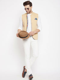 Thumbnail for Even Apparels Beige Polyester Men's Nehru Jacket-Contrast Lining-Inbuilt Pocket Square - Distacart