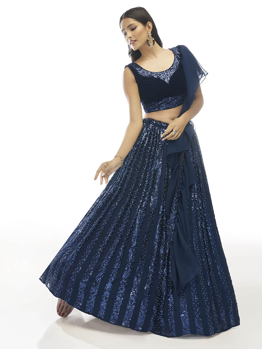 Myra Navy Blue Velvet Embroidered Designer Lehenga - Distacart