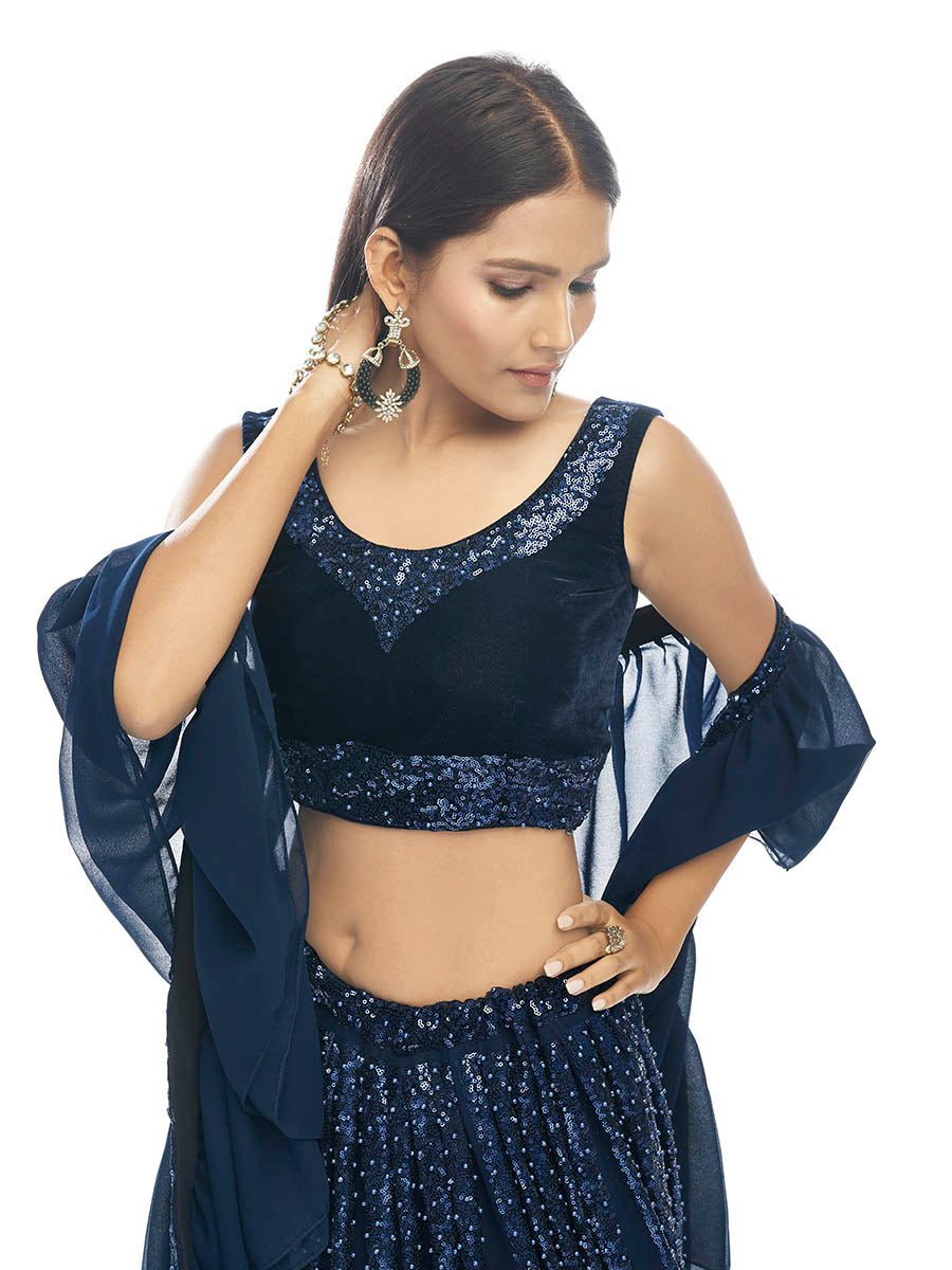 Myra Navy Blue Velvet Embroidered Designer Lehenga - Distacart