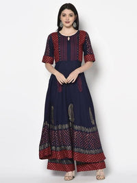 Thumbnail for Aniyah Rayon Navy Blue Color Block Print Anarkali kurta (AN-177K)