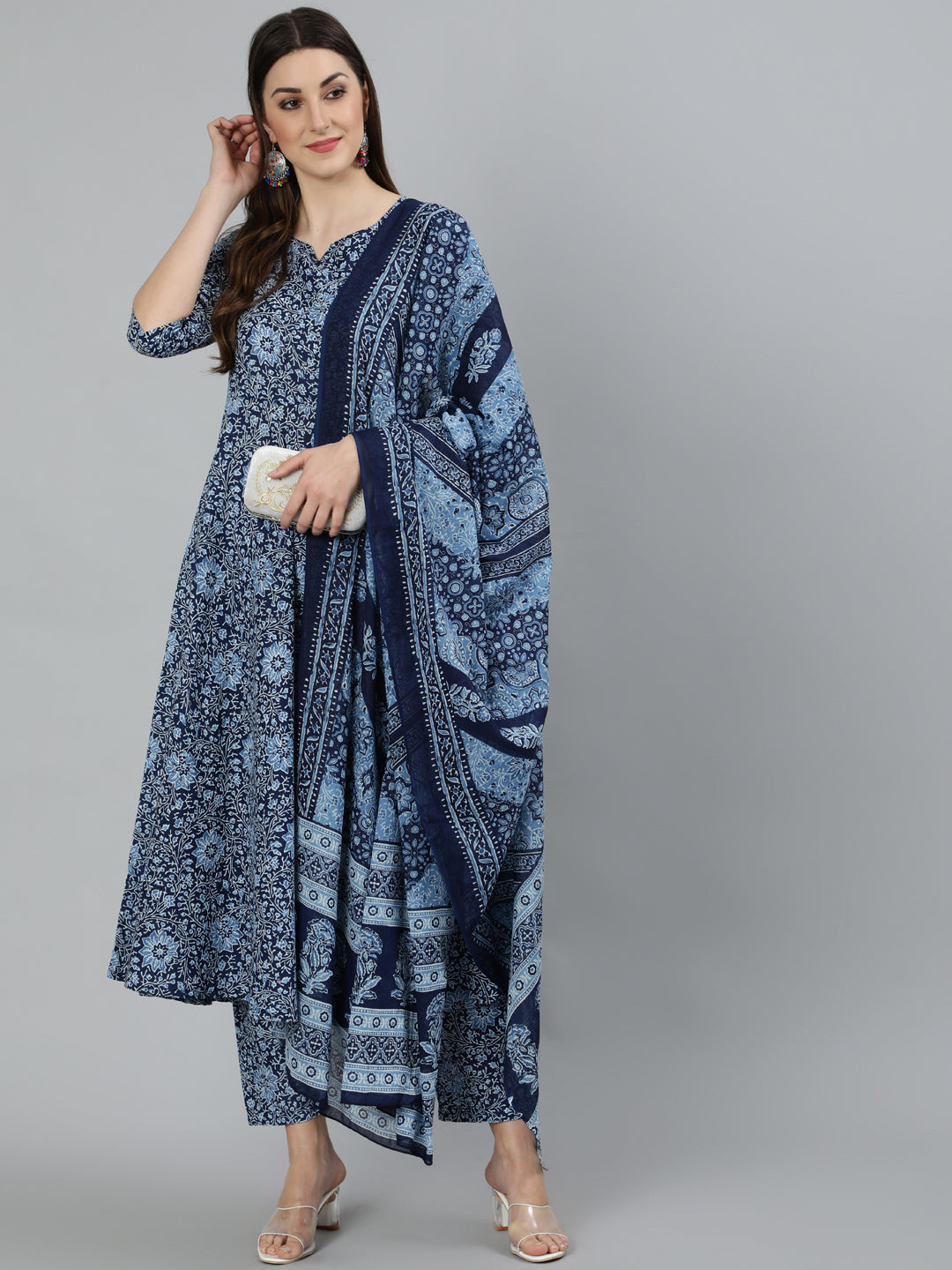 NOZ2TOZ Women Blue Ethnic Motifs Printed Pure Cotton Kurta with Palazzos & Dupatta - Distacart