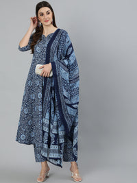 Thumbnail for NOZ2TOZ Women Blue Ethnic Motifs Printed Pure Cotton Kurta with Palazzos & Dupatta - Distacart