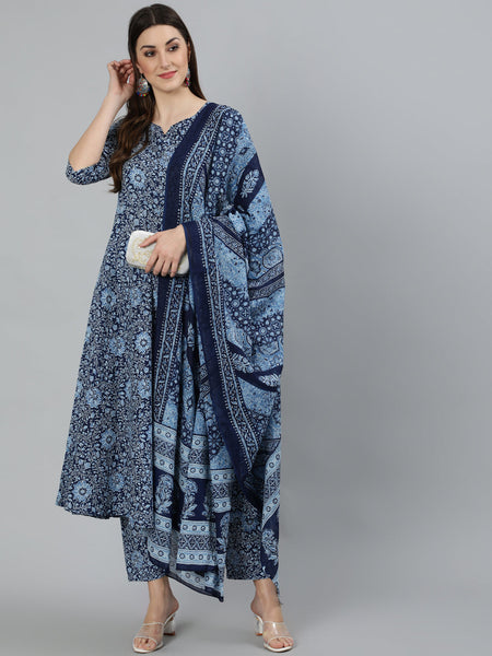 NOZ2TOZ Women Blue Ethnic Motifs Printed Pure Cotton Kurta with Palazzos & Dupatta - Distacart