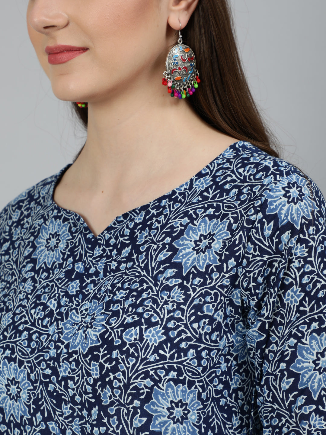 NOZ2TOZ Women Blue Ethnic Motifs Printed Pure Cotton Kurta with Palazzos & Dupatta - Distacart