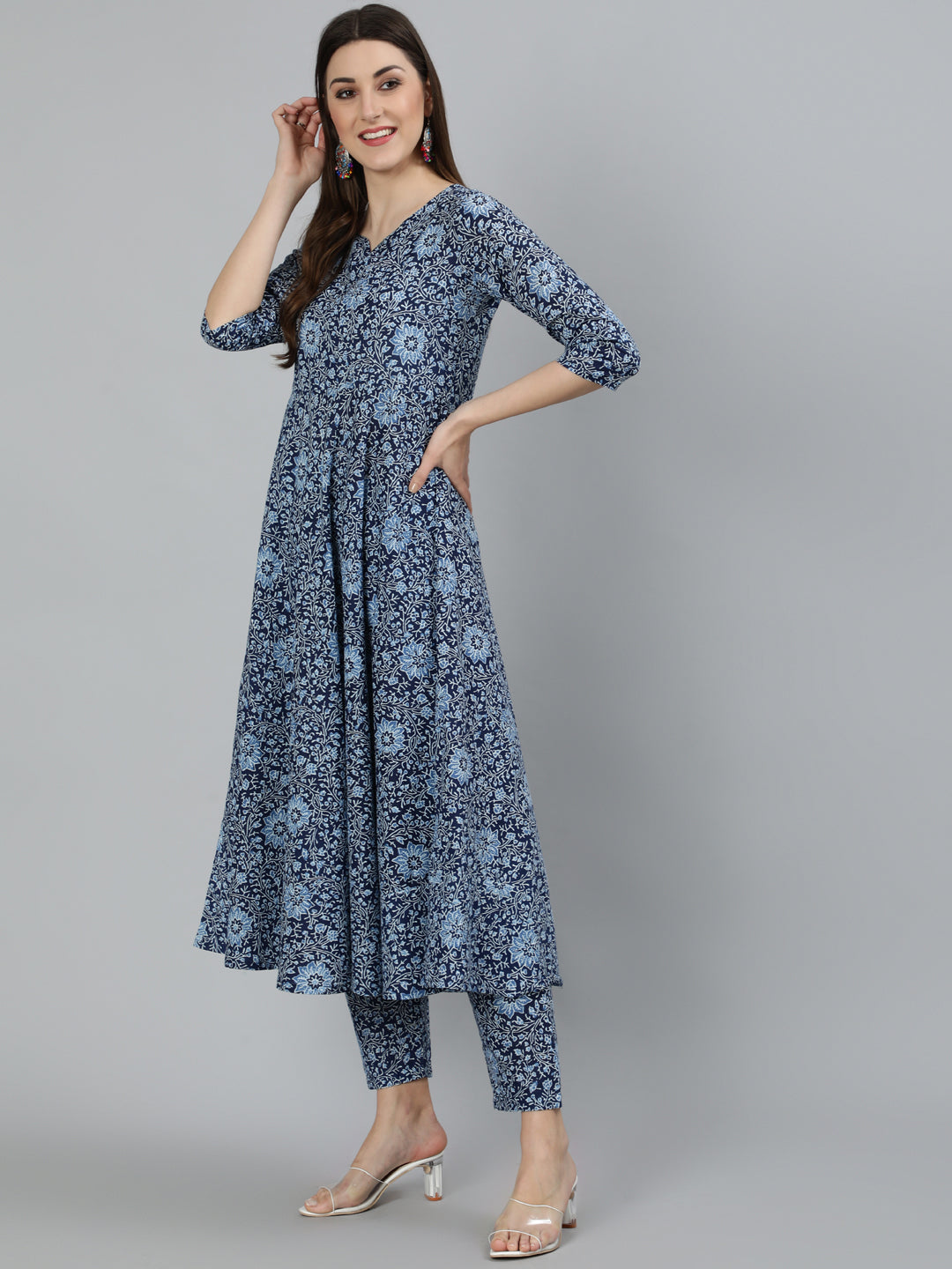 NOZ2TOZ Women Blue Ethnic Motifs Printed Pure Cotton Kurta with Palazzos & Dupatta - Distacart