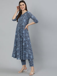 Thumbnail for NOZ2TOZ Women Blue Ethnic Motifs Printed Pure Cotton Kurta with Palazzos & Dupatta - Distacart