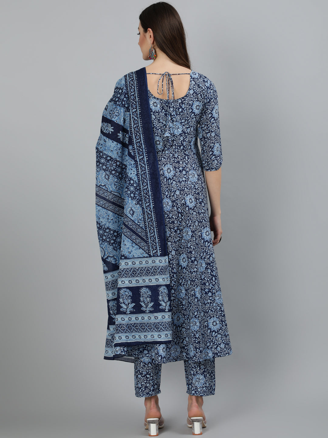 NOZ2TOZ Women Blue Ethnic Motifs Printed Pure Cotton Kurta with Palazzos & Dupatta - Distacart