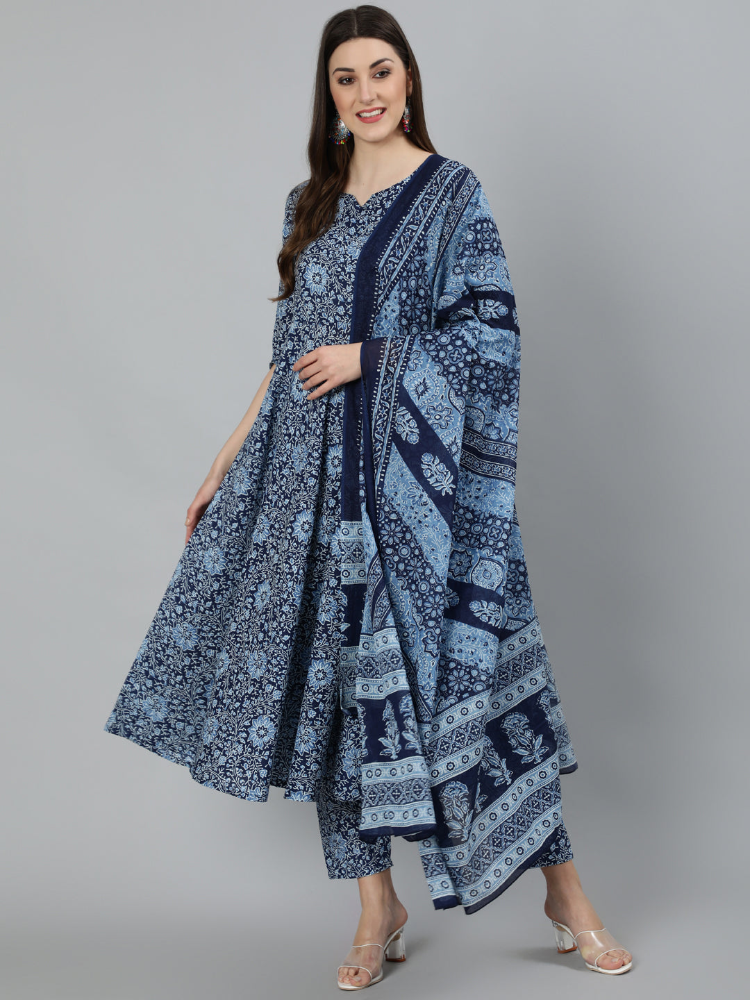 NOZ2TOZ Women Blue Ethnic Motifs Printed Pure Cotton Kurta with Palazzos & Dupatta - Distacart