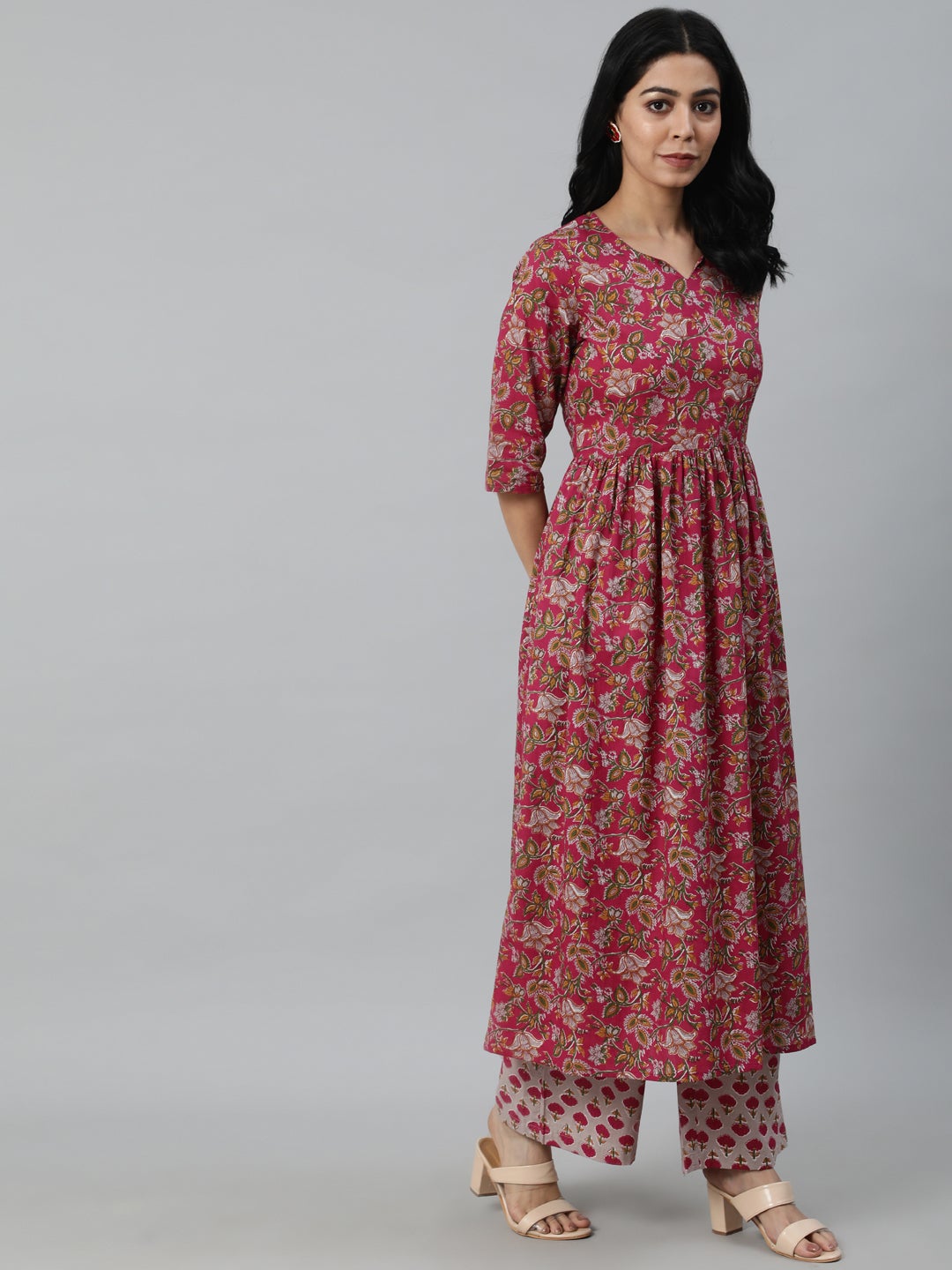 NOZ2TOZ Women Burgundy Printed Flared Kurta With Trouser & Dupatta - Distacart