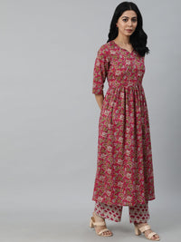 Thumbnail for NOZ2TOZ Women Burgundy Printed Flared Kurta With Trouser & Dupatta - Distacart