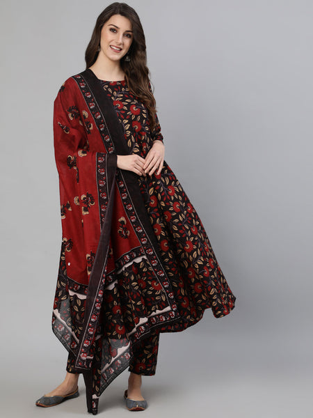 NOZ2TOZ Women Black And Maroon Floral Printed Kurta With Trouser & Dupatta - Distacart