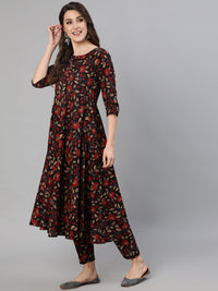 Thumbnail for NOZ2TOZ Women Black And Maroon Floral Printed Kurta With Trouser & Dupatta - Distacart