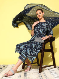 Thumbnail for NOZ2TOZ Women Indigo Blue Floral Printed Flared Kurta With Trouser And Dupatta - Distacart