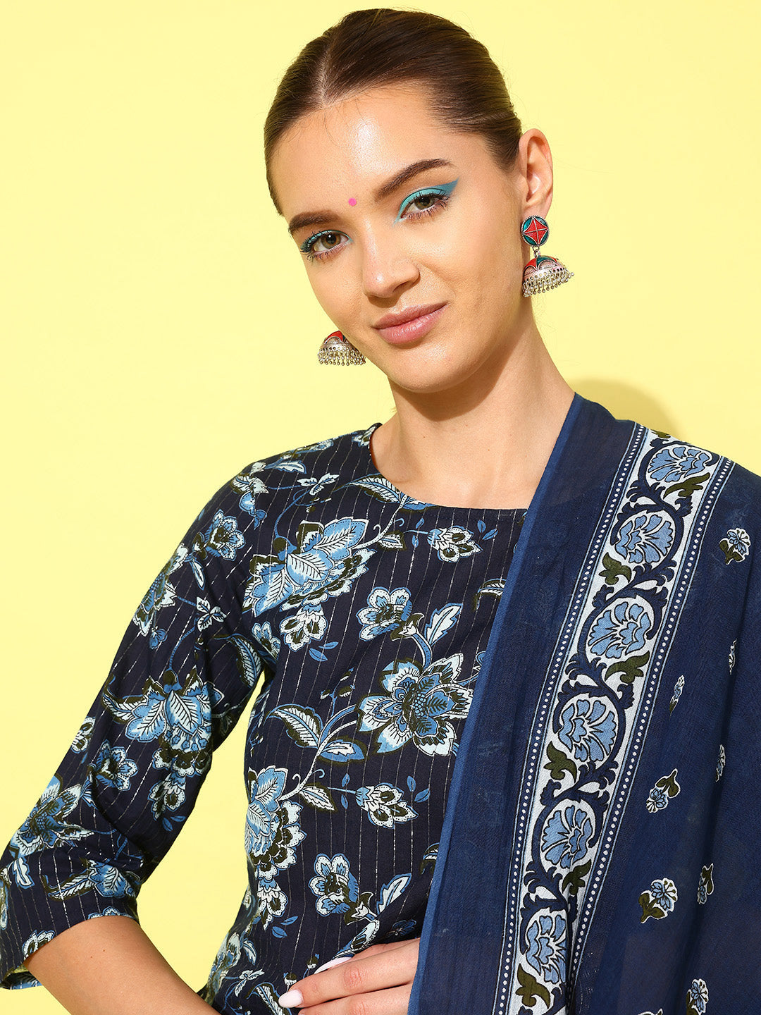 NOZ2TOZ Women Indigo Blue Floral Printed Flared Kurta With Trouser And Dupatta - Distacart