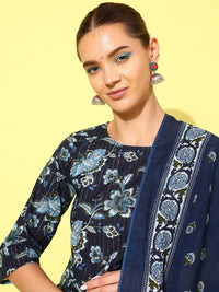 Thumbnail for NOZ2TOZ Women Indigo Blue Floral Printed Flared Kurta With Trouser And Dupatta - Distacart