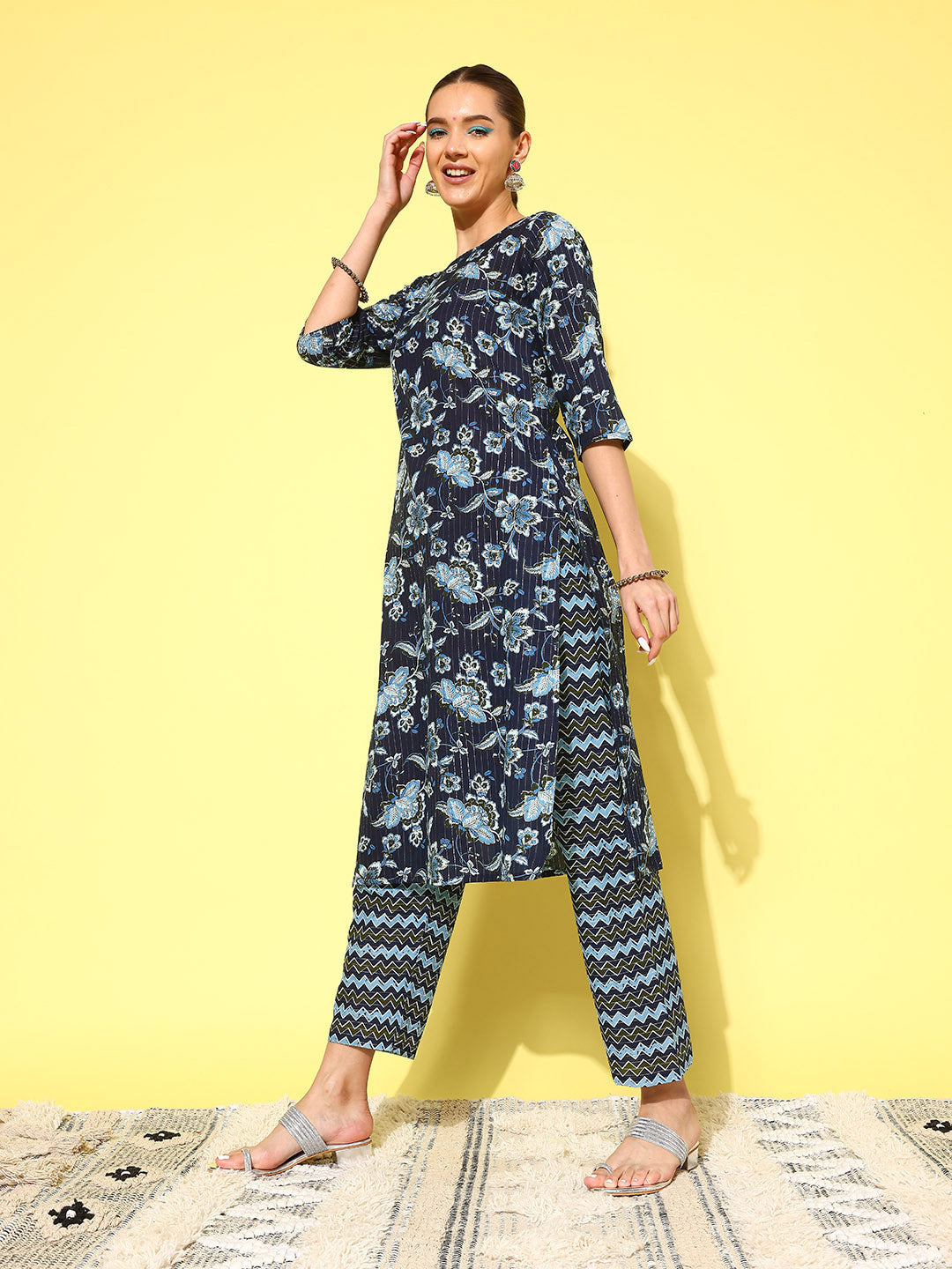 NOZ2TOZ Women Indigo Blue Floral Printed Flared Kurta With Trouser And Dupatta - Distacart