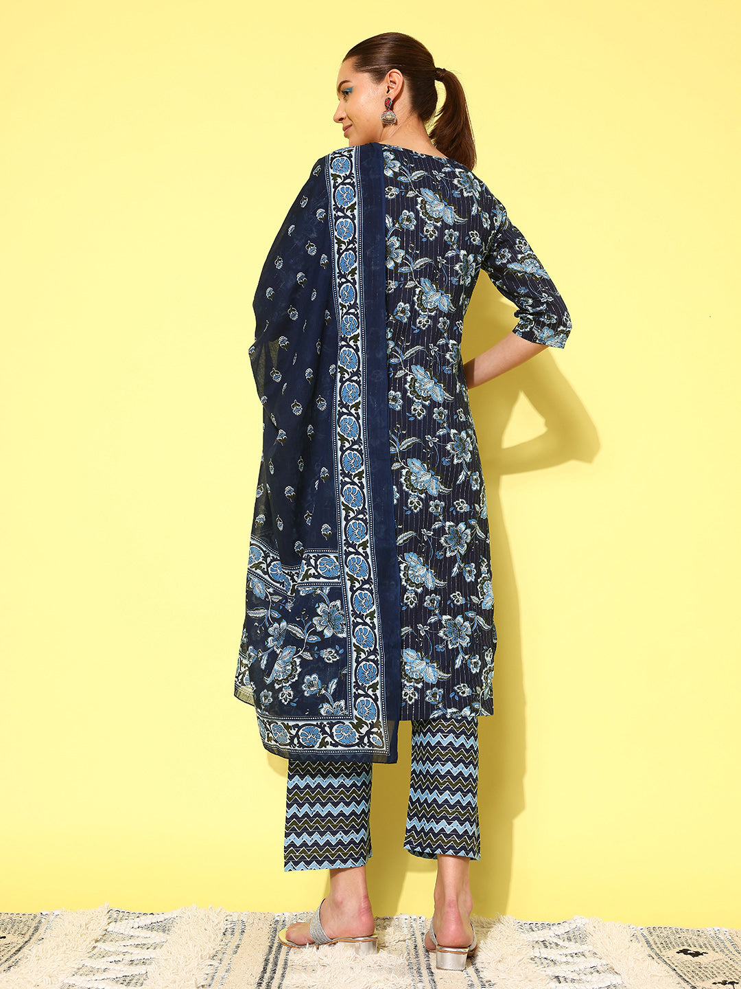 NOZ2TOZ Women Indigo Blue Floral Printed Flared Kurta With Trouser And Dupatta - Distacart