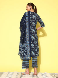 Thumbnail for NOZ2TOZ Women Indigo Blue Floral Printed Flared Kurta With Trouser And Dupatta - Distacart