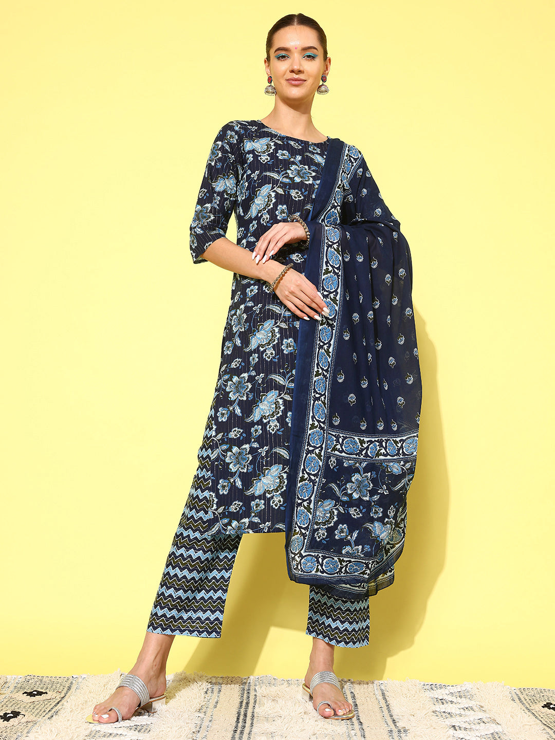 NOZ2TOZ Women Indigo Blue Floral Printed Flared Kurta With Trouser And Dupatta - Distacart