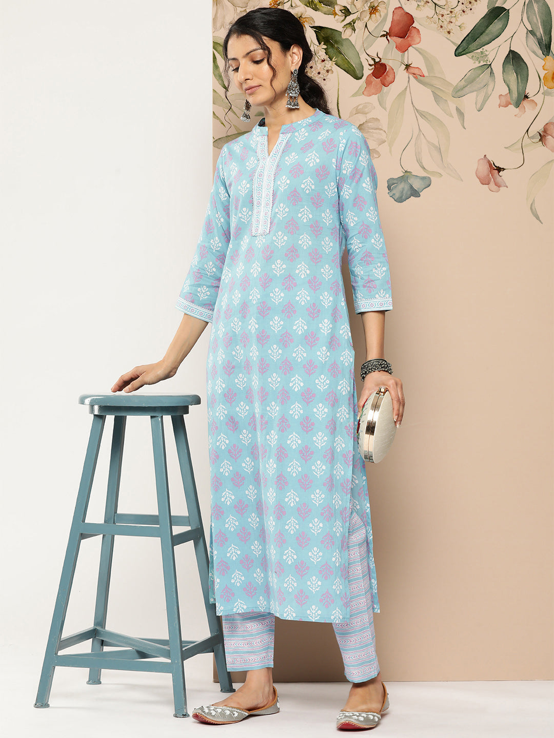 NOZ2TOZ Women Sky Blue Printed Straight Kurta With Trouser - Distacart