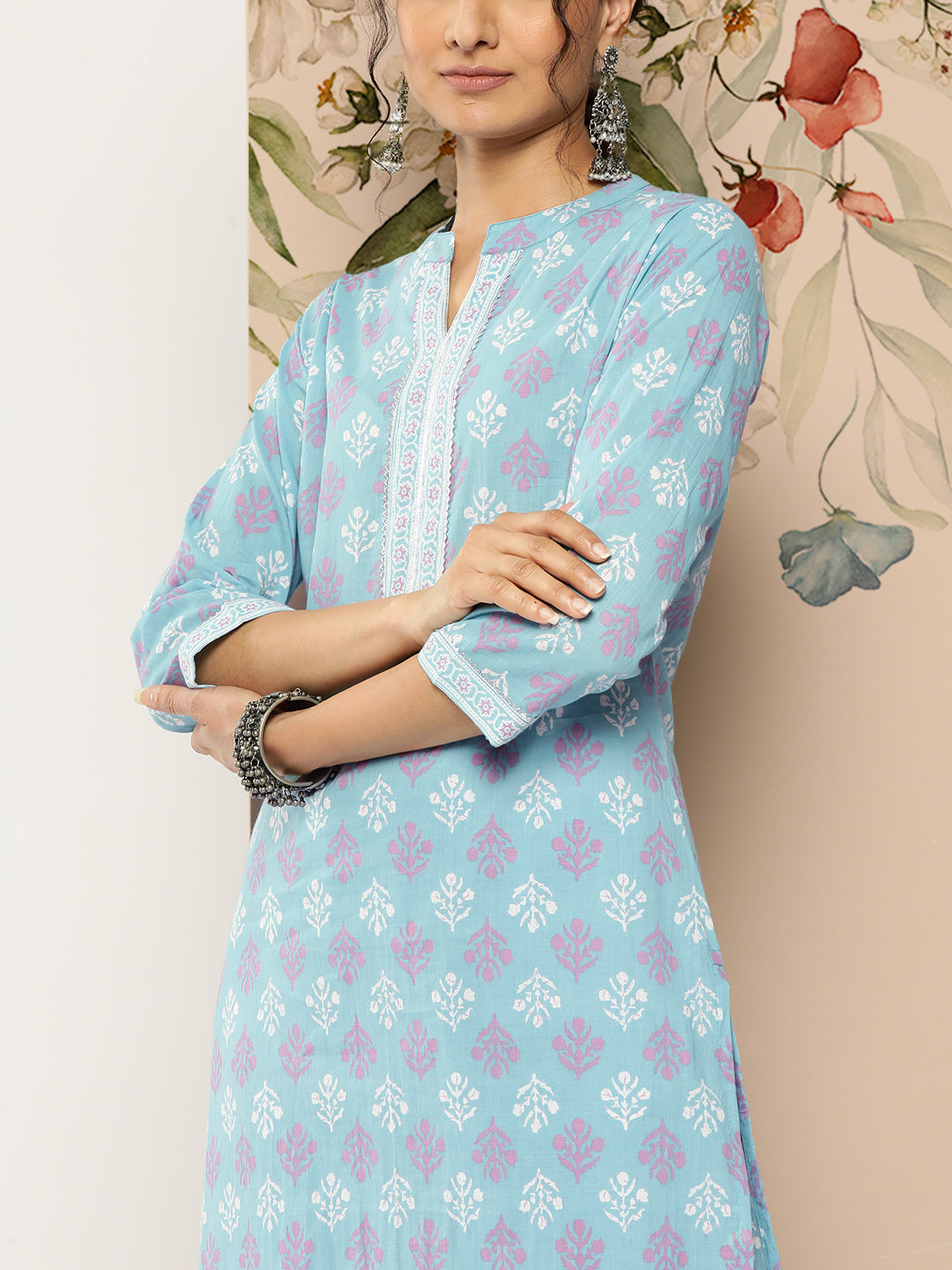 NOZ2TOZ Women Sky Blue Printed Straight Kurta With Trouser - Distacart