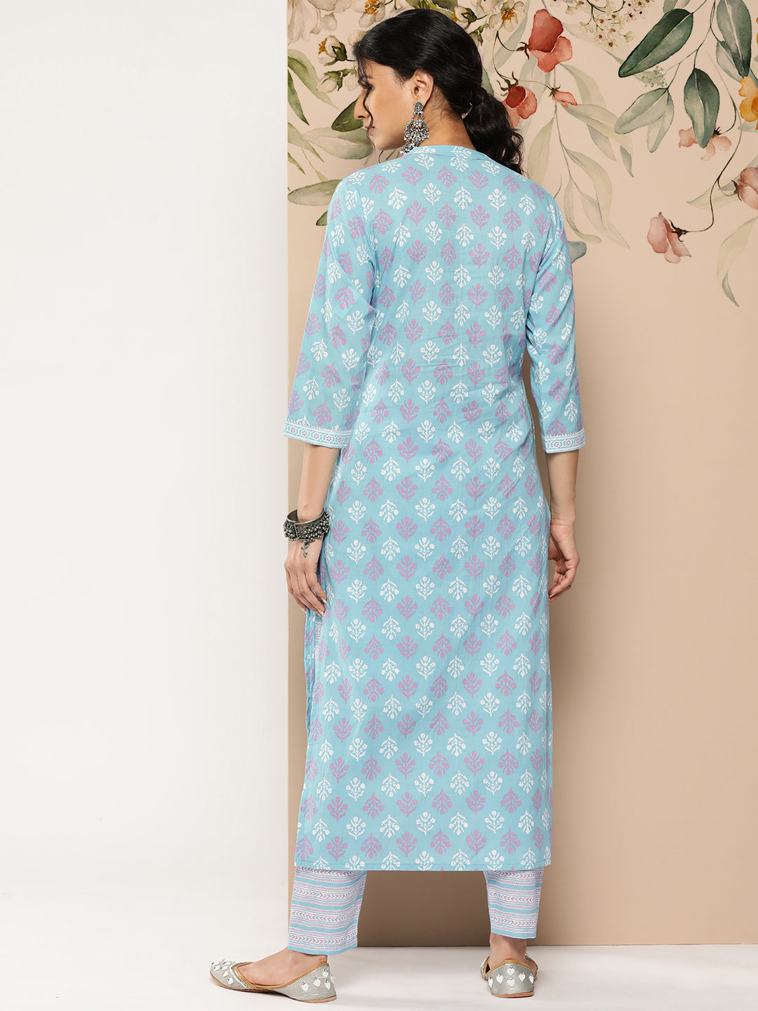 NOZ2TOZ Women Sky Blue Printed Straight Kurta With Trouser - Distacart
