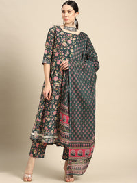 Thumbnail for NOZ2TOZ Women Green & Pink Floral Anarkali Kurta With Trouser And Dupatta - Distacart