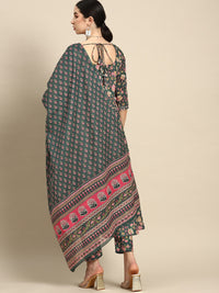 Thumbnail for NOZ2TOZ Women Green & Pink Floral Anarkali Kurta With Trouser And Dupatta - Distacart