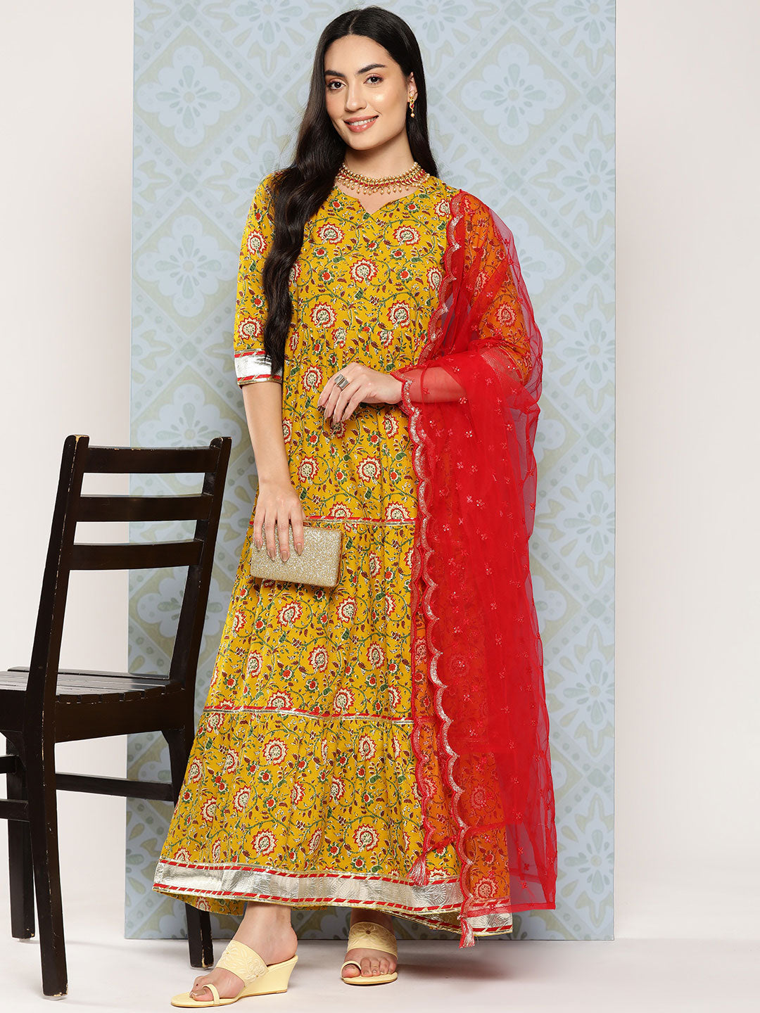NOZ2TOZ Women Yellow Floral Printed Flared Dress With Scalloped Dupatta - Distacart