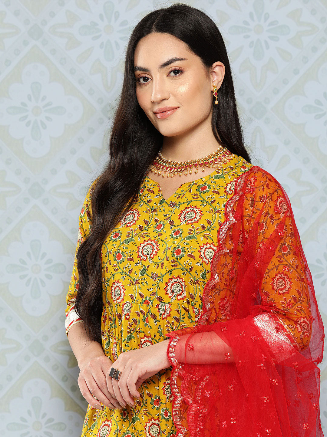 NOZ2TOZ Women Yellow Floral Printed Flared Dress With Scalloped Dupatta - Distacart