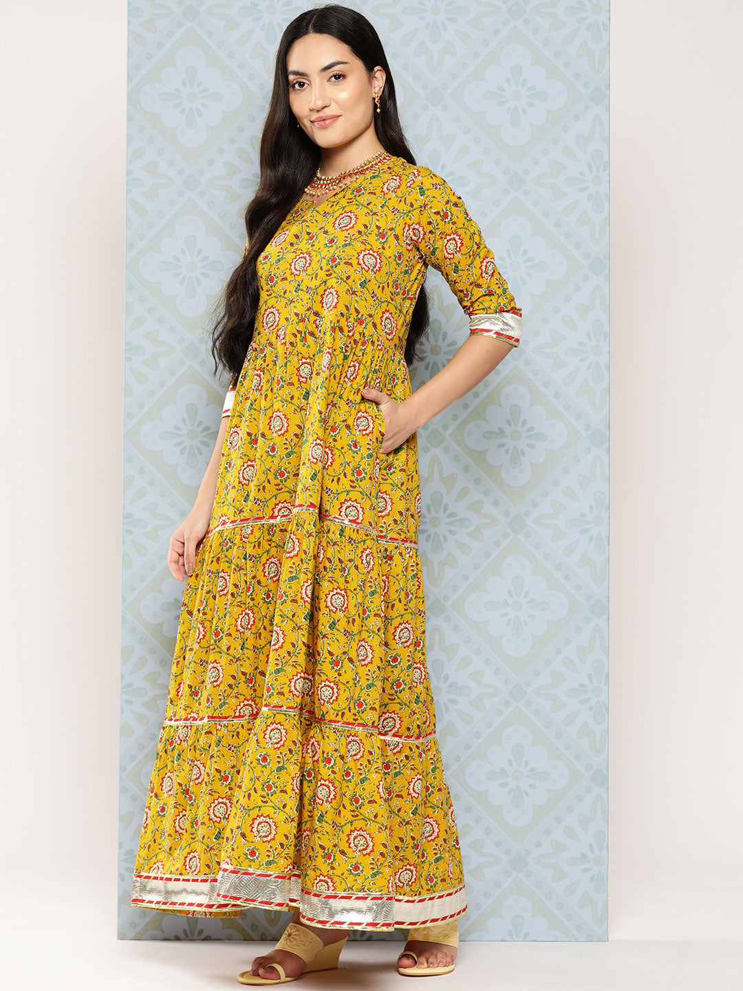 NOZ2TOZ Women Yellow Floral Printed Flared Dress With Scalloped Dupatta - Distacart