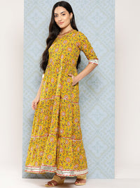 Thumbnail for NOZ2TOZ Women Yellow Floral Printed Flared Dress With Scalloped Dupatta - Distacart
