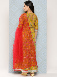 Thumbnail for NOZ2TOZ Women Yellow Floral Printed Flared Dress With Scalloped Dupatta - Distacart