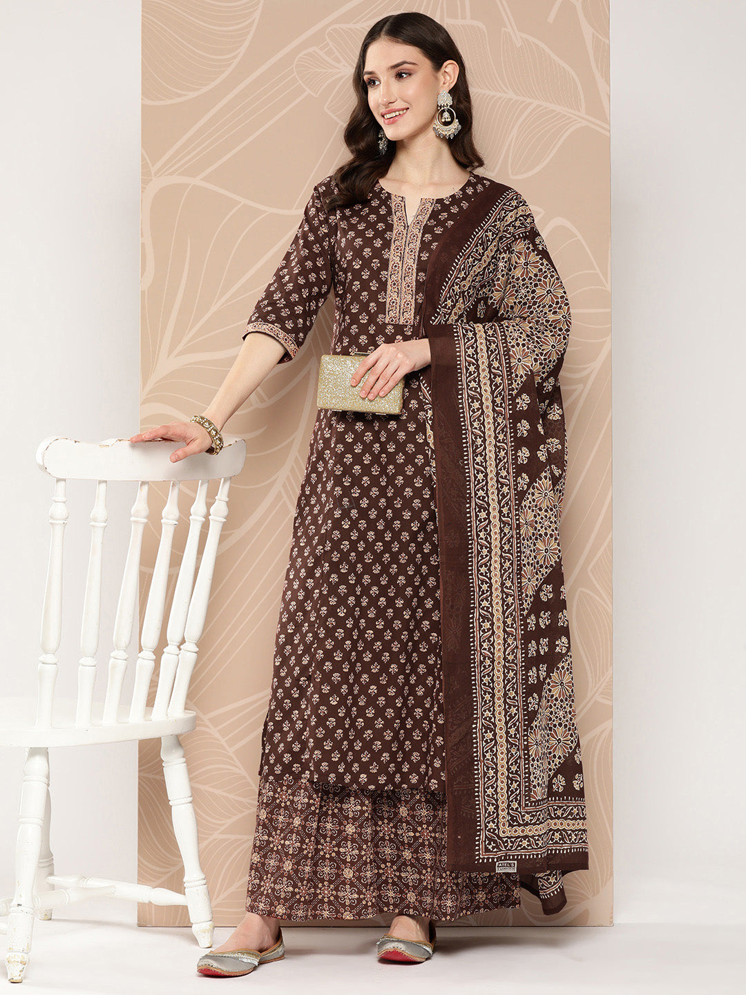 NOZ2TOZ Women Brown Ethnic Printed Straight Kurta With Skirt And Dupatta - Distacart