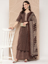 Thumbnail for NOZ2TOZ Women Brown Ethnic Printed Straight Kurta With Skirt And Dupatta - Distacart