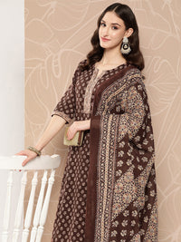 Thumbnail for NOZ2TOZ Women Brown Ethnic Printed Straight Kurta With Skirt And Dupatta - Distacart