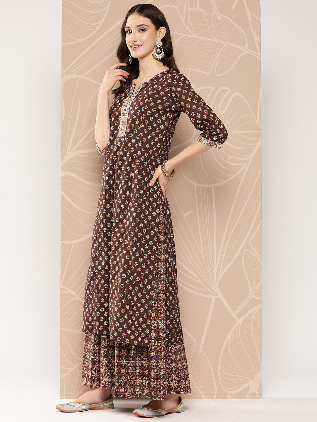 NOZ2TOZ Women Brown Ethnic Printed Straight Kurta With Skirt And Dupatta - Distacart