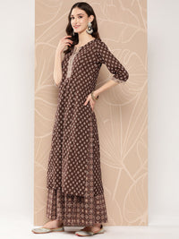 Thumbnail for NOZ2TOZ Women Brown Ethnic Printed Straight Kurta With Skirt And Dupatta - Distacart