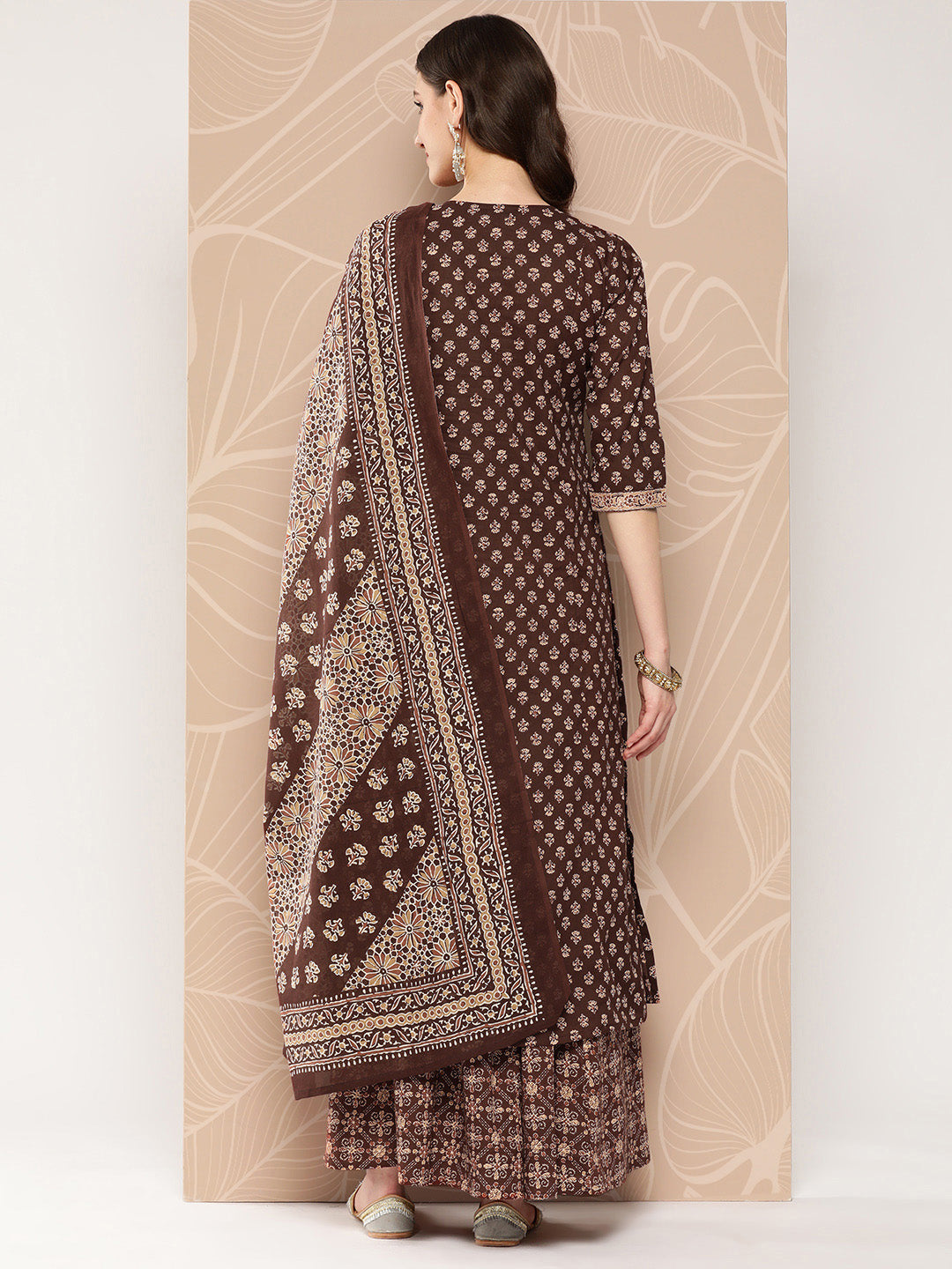 NOZ2TOZ Women Brown Ethnic Printed Straight Kurta With Skirt And Dupatta - Distacart