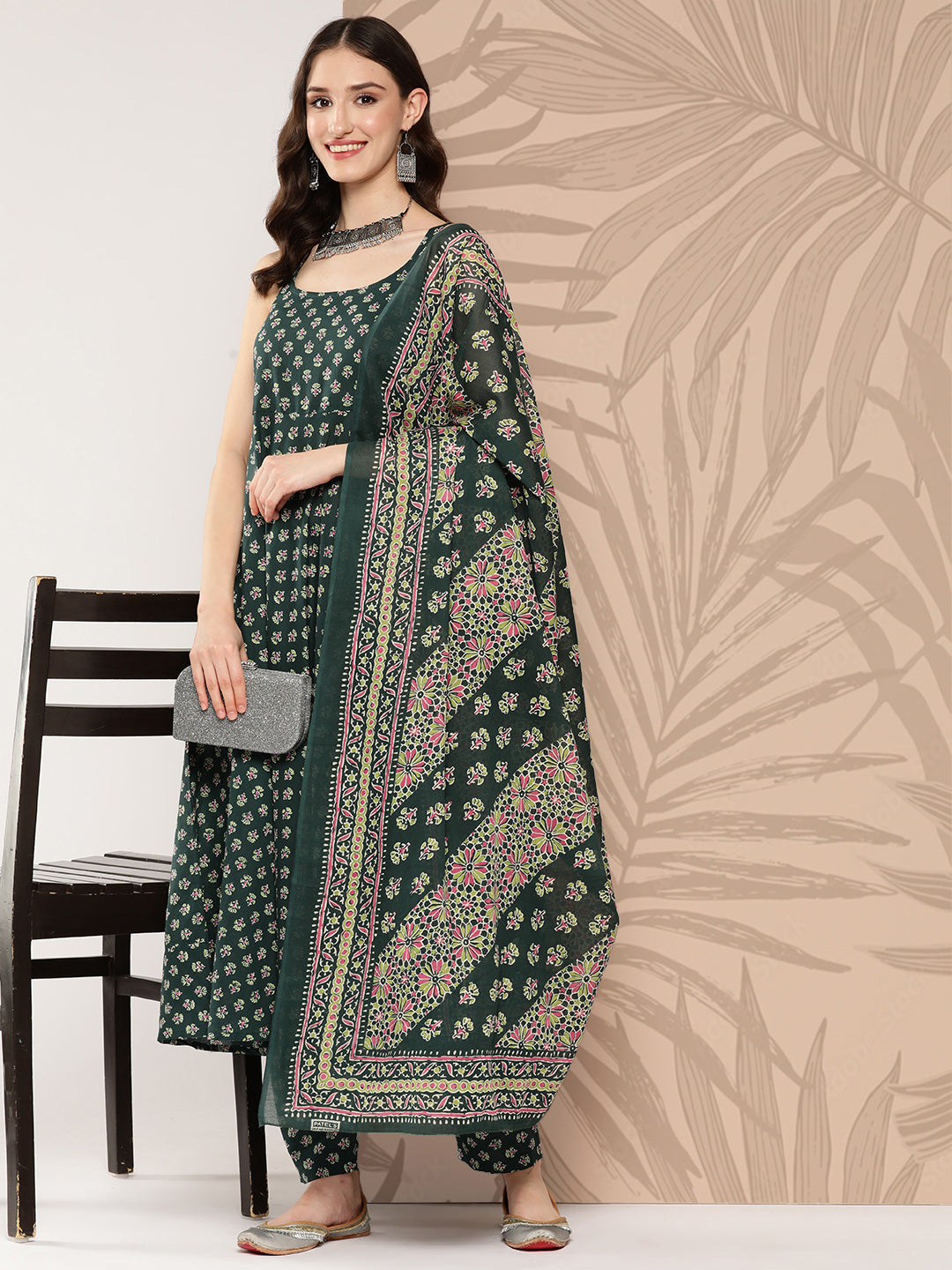NOZ2TOZ Women Green Ethnic Printed Anarkali Kurta With Trouser And Dupatta - Distacart