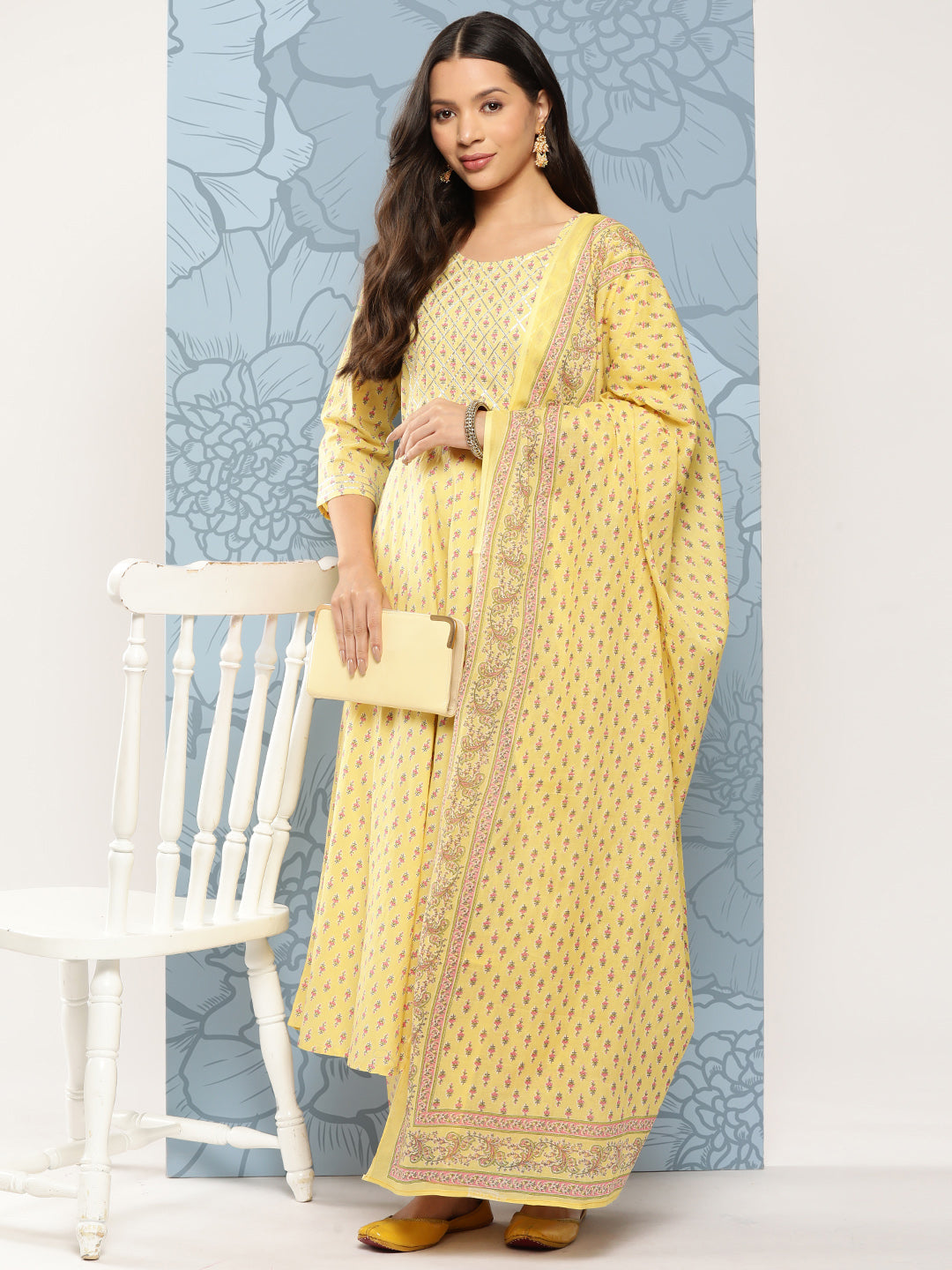 NOZ2TOZ Women Yellow Printed Anarkali Kurta With Trouser And Dupatta - Distacart