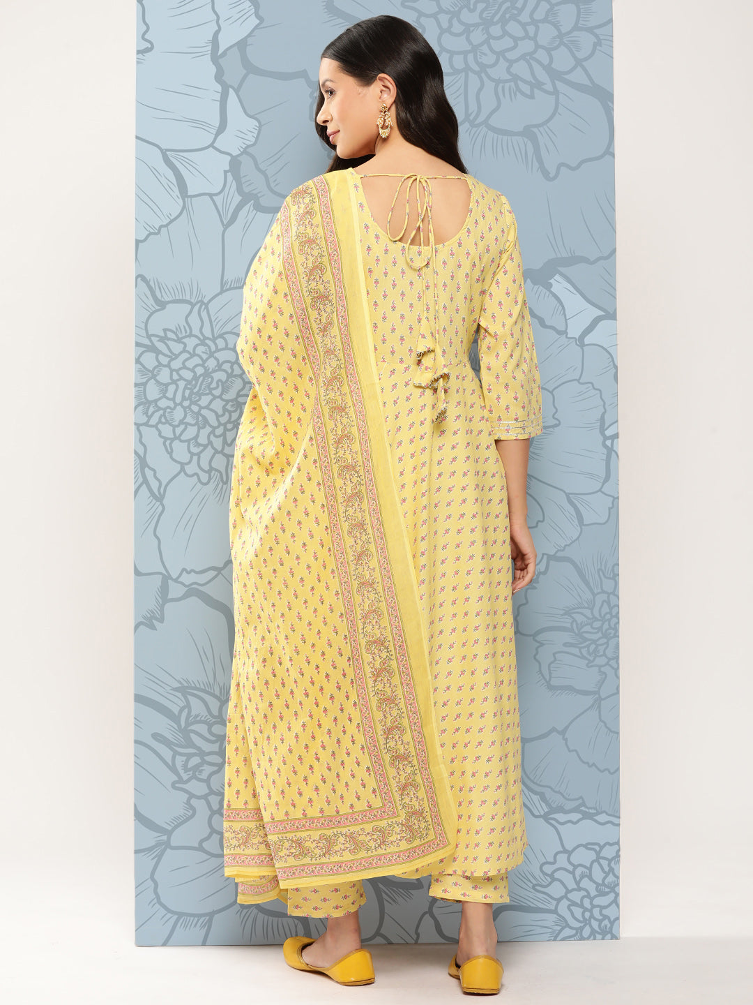 NOZ2TOZ Women Yellow Printed Anarkali Kurta With Trouser And Dupatta - Distacart