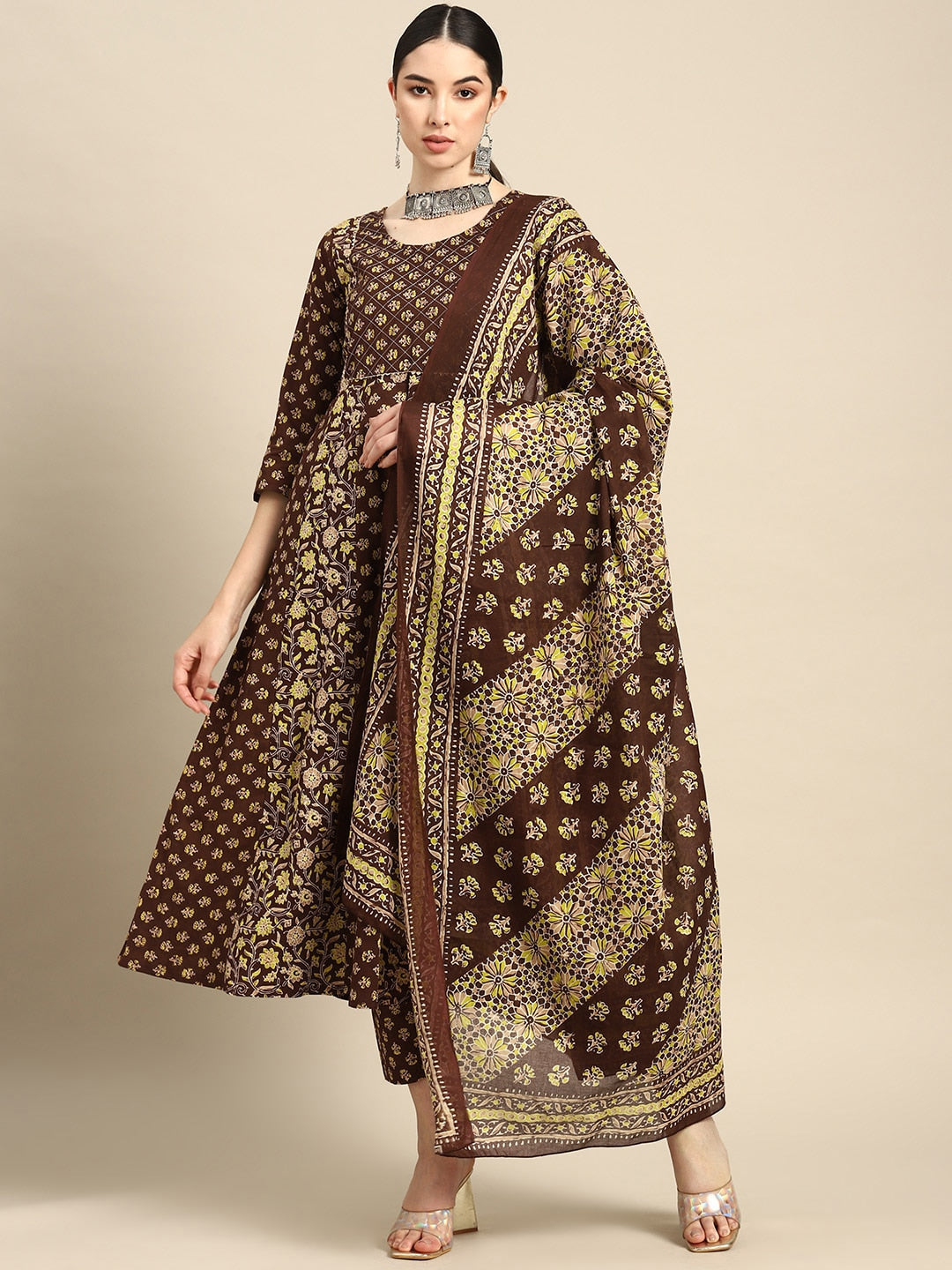 NOZ2TOZ Women Brown Ethnic Printed Anarkali Kurta With Trouser And Dupatta - Distacart