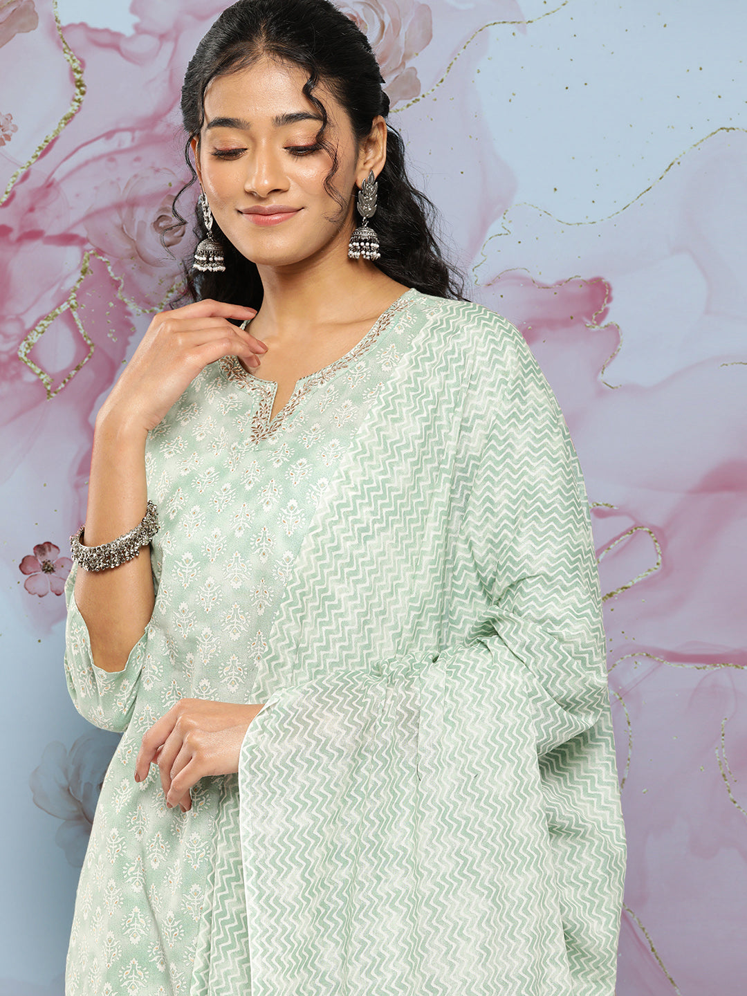 NOZ2TOZ Women Green Ethnic Embroidered Kurta With Palazzo And Dupatta - Distacart